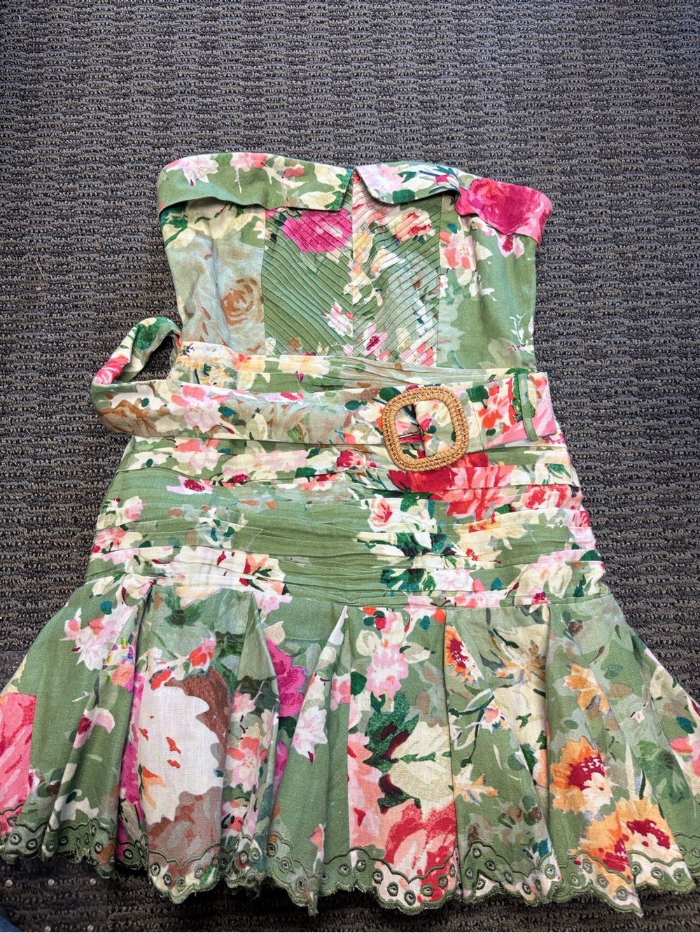 HEMANT & NANDITA Green Floral Strapless Mini Dress with Pink Accents